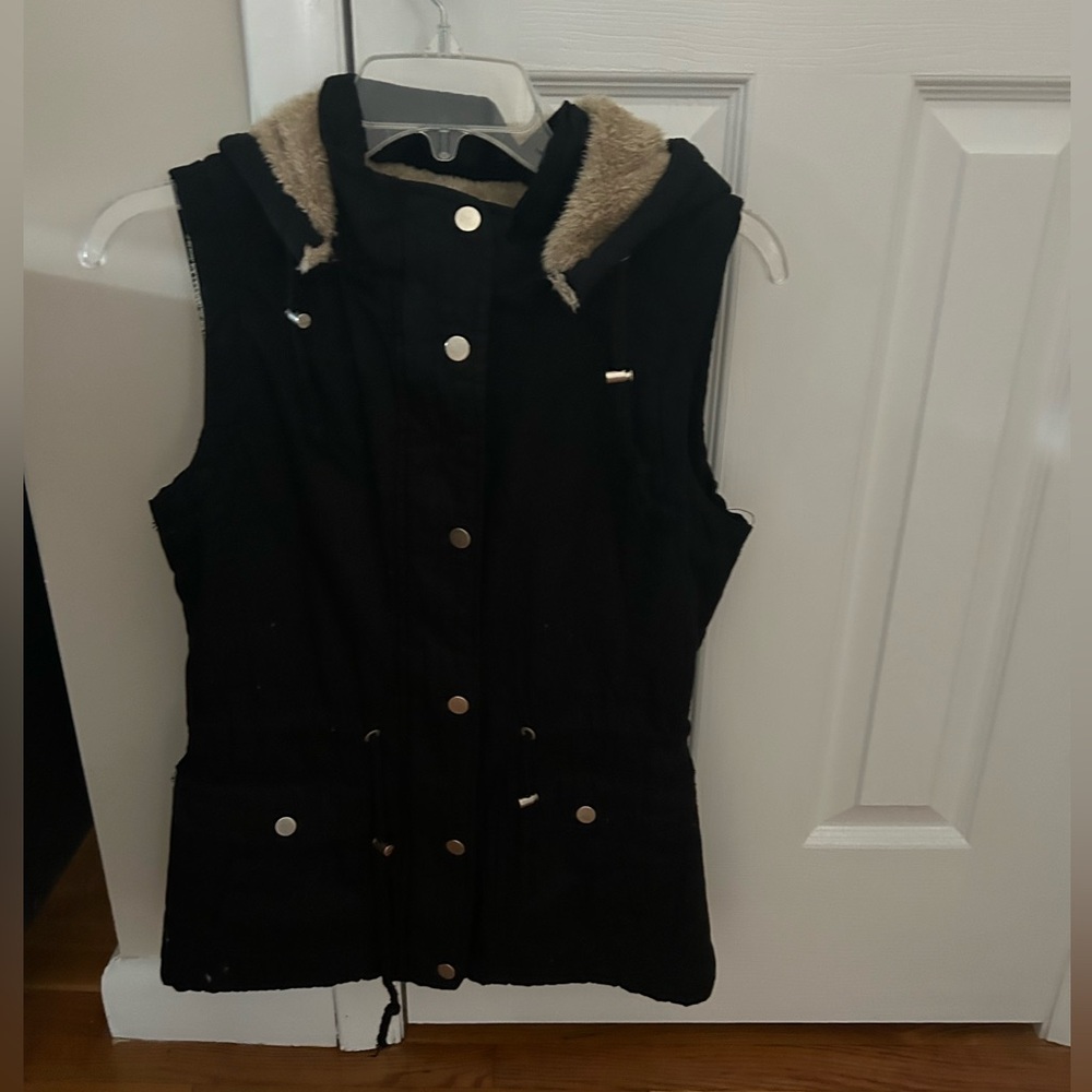 YMI Black Hooded Vest with Tan Lining